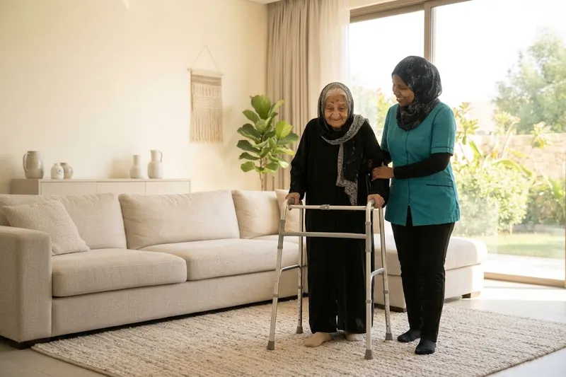 عاملة رعاية تساعد جدة مسنّة على المشي بالمشاية في منزل بالرياض