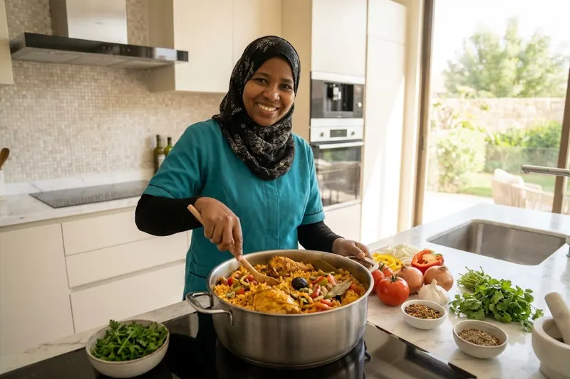 عاملة منزلية تطبخ الكبسة في مطبخ منزل بالرياض