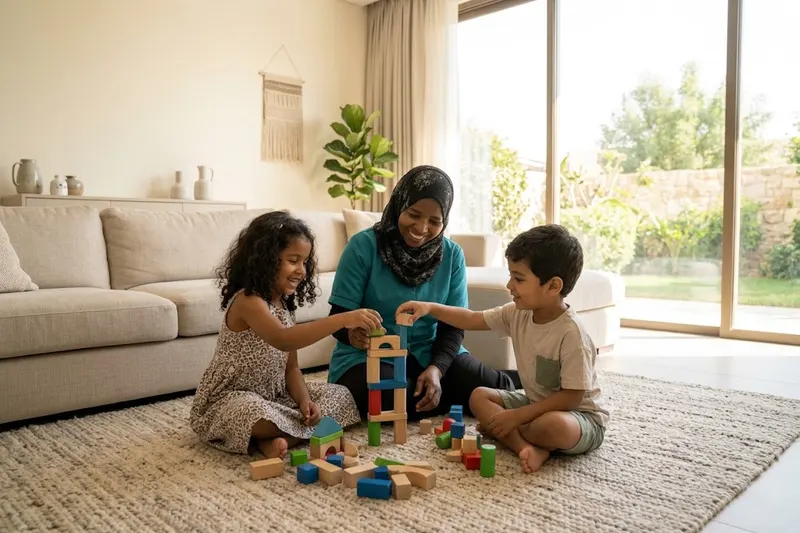 مربية منزلية تلعب مع طفلين بالمكعبات في الرياض